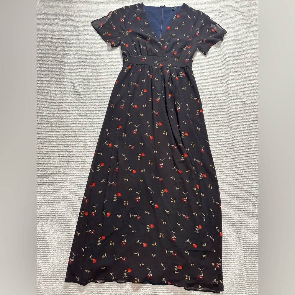 Madewell Black Floral Silk Button Front  Flutter Sleeve Swing Dress 0